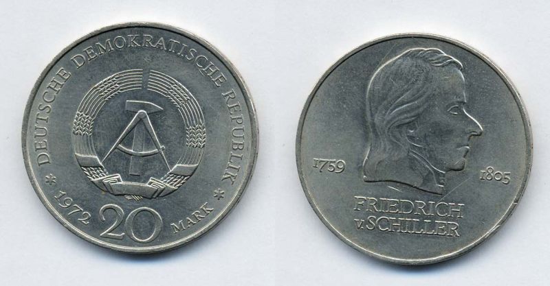 ГДР 20 марок 1972 А, Фридрих Шиллер (1759-1805) KM 40 медно-никель 37-1145