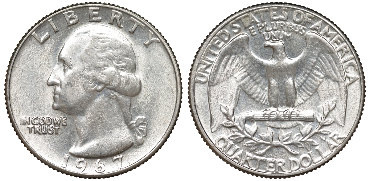 США 25 центов (квотер) 1967 Вашингтон KM 164а медь плакированная медно-никелем UNC 51-1036