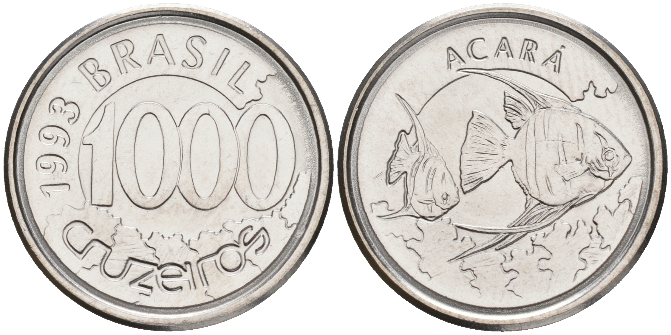 Бразилия 1000 крузейро 1993 реформа 1990-1993, рыбка Акара KM 626 нержавеющая сталь UNC 4556-257