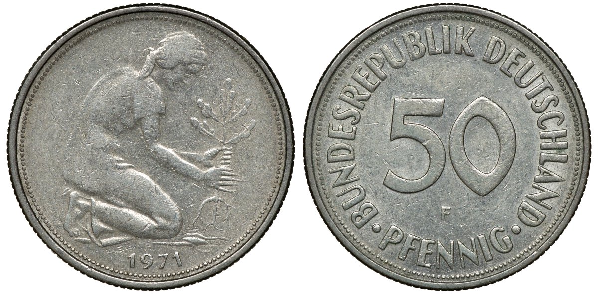 ФРГ 50 ПФЕННИГОВ 1971 F KM 109.1, J. 384 медно-никель aUNC 72-1041