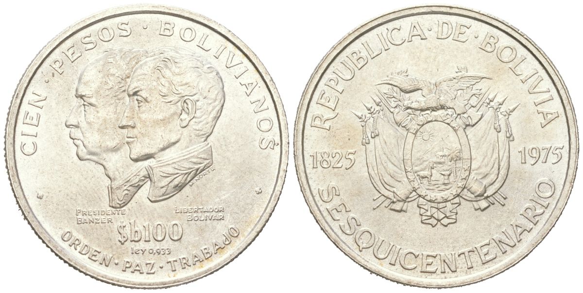Боливия 100 песо 1975 150 лет независимости KM 194 серебро UNC 443-425