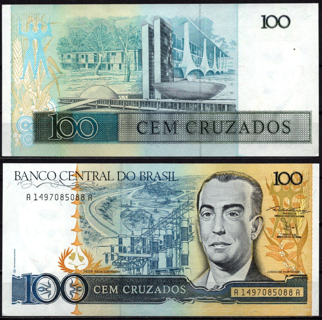 Бразилия 100 крузейро ND (1986-1988) Жуселино Кубичек, старая и новая Бразилиа (Национальный конгресс) Pick 211 b бумага UNC (пресс) 6299-19-2-1