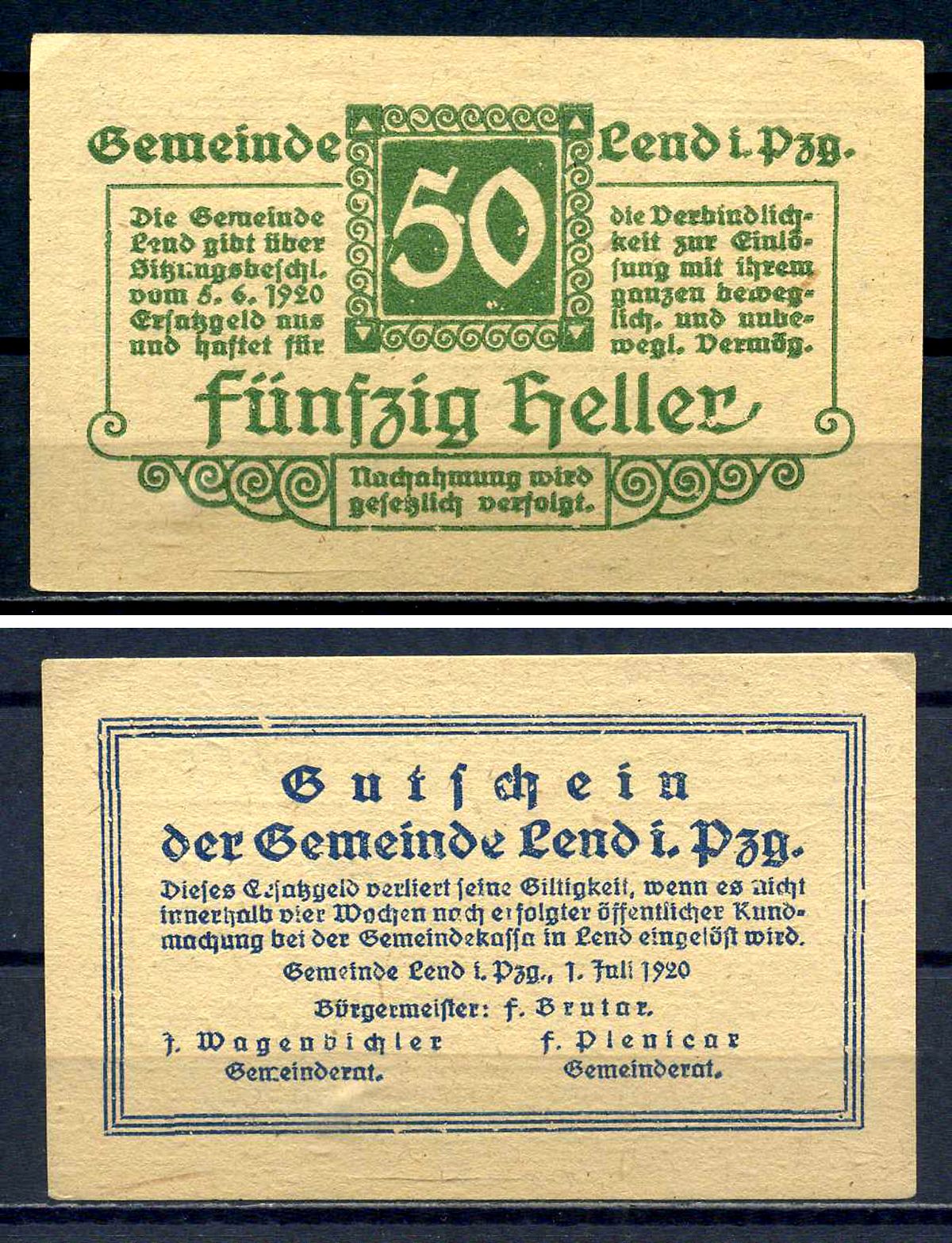 Ленд-им-Пинцгау (Австрия) 50 геллеров 1920 картон aUNC 7556-34-1-2