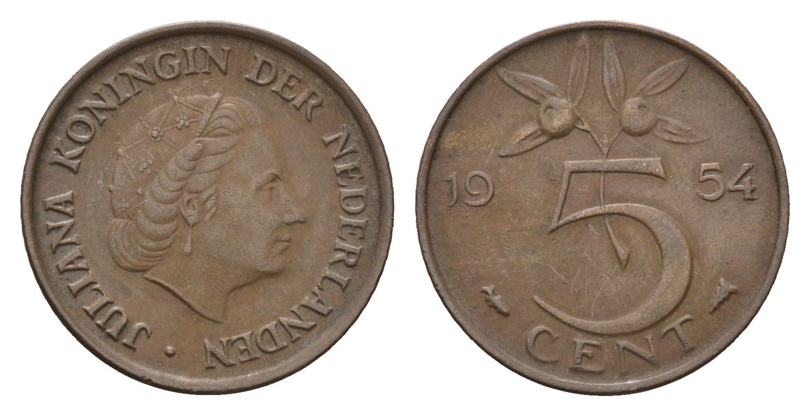 Нидерланды 5 центов 1954 Юлиана (1948-1980) KM 181 бронза 4685-116