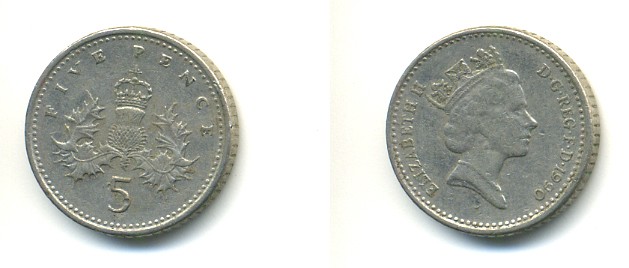 Великобритания 5 пенсов 1990 Елизавета II (1952-2022) KM 937b, Spink 4372 (D4) медно-никель 80-915