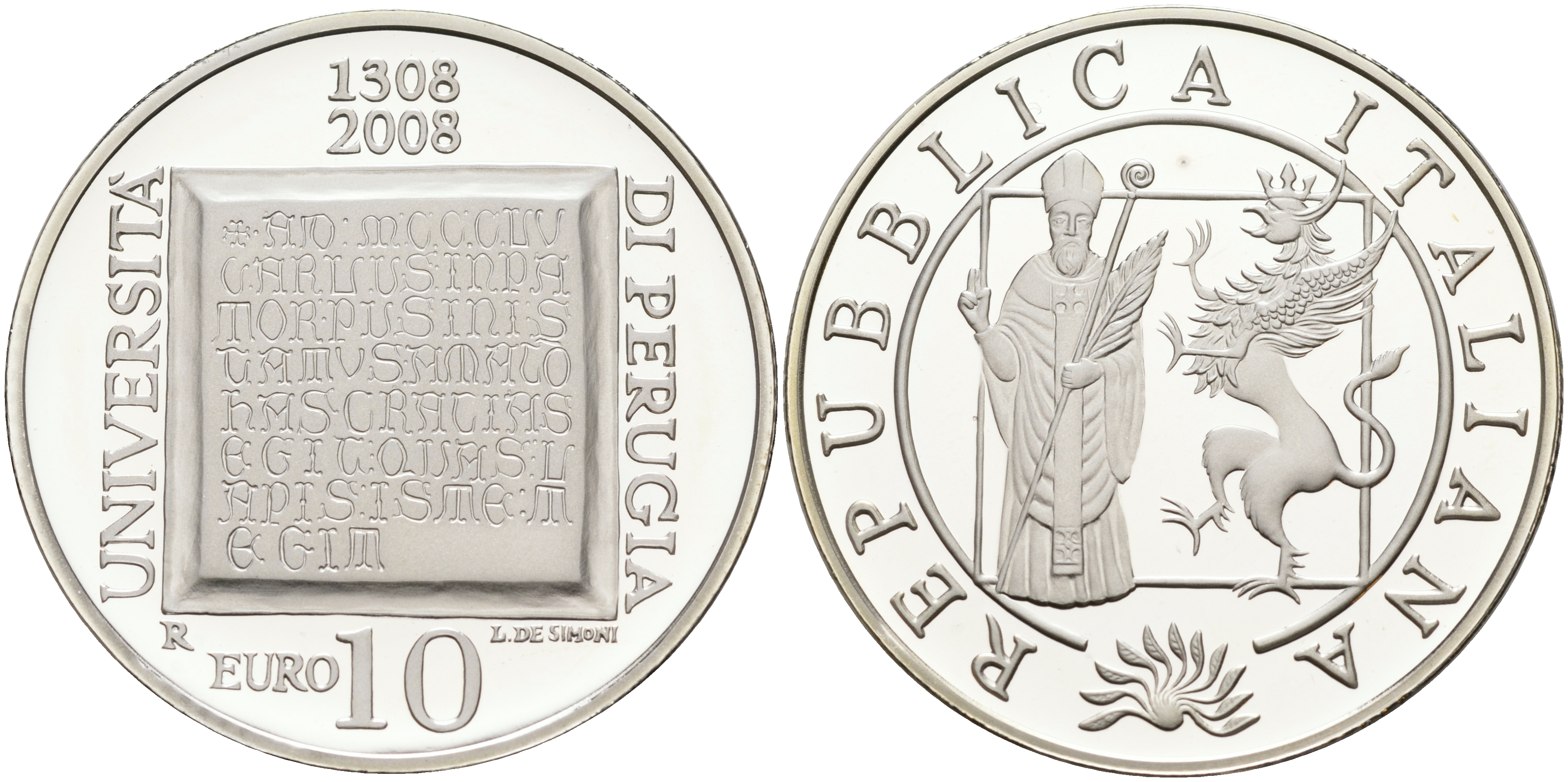 Италия 10 евро 2008 700 лет Университету Перуджиа KM 306 серебро PROOF 02-116-34