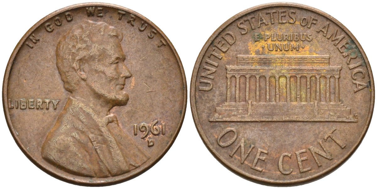 США 1 цент 1961 D, Авраам Линкольн KM 201 медь цинк 4115-827