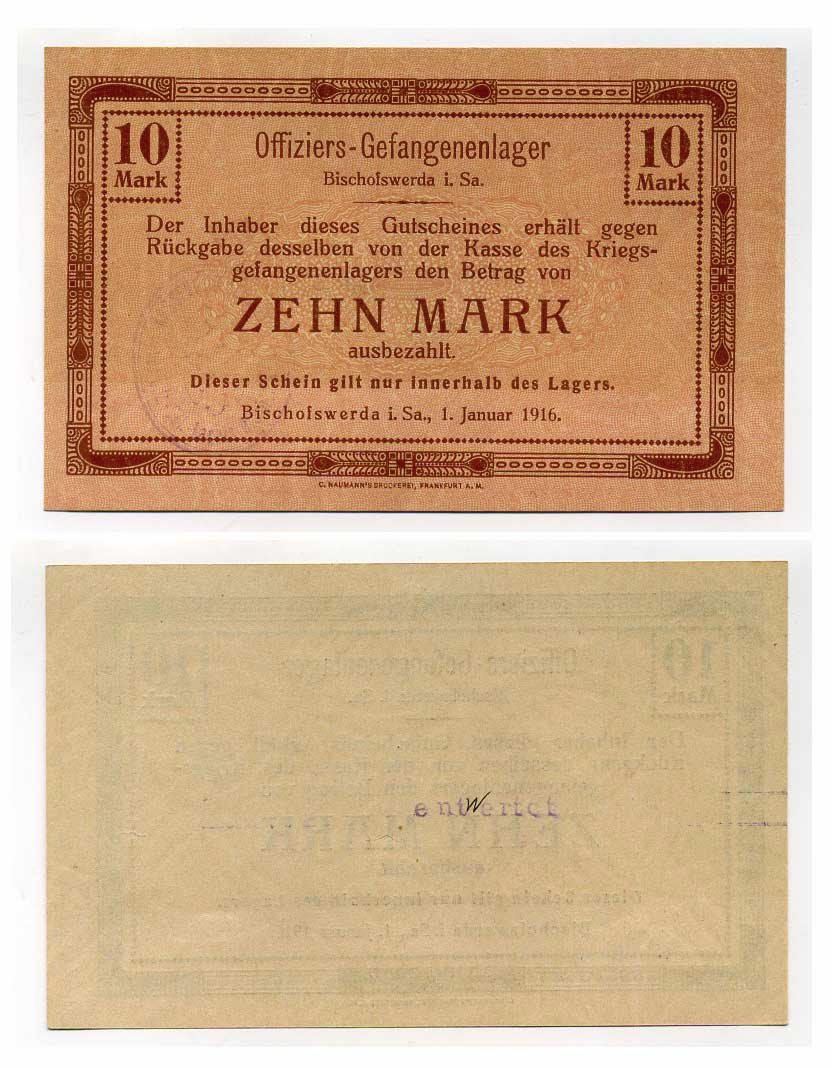 Германия 10 марок 1916 Бишофсверда в Саксонии, лагерь военнопленных офицеров и тюрьмы, в нагрузку C-2758 бумага UNC (пресс) 504-70-2-1