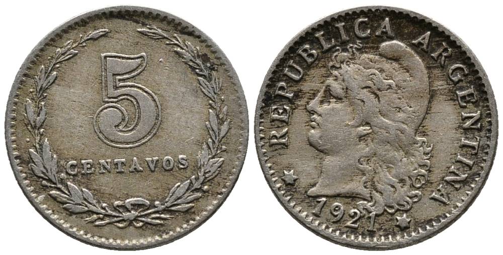 Аргентина 5 сентаво 1921 голова свободы влево KM 34 медно-никель 4528-225