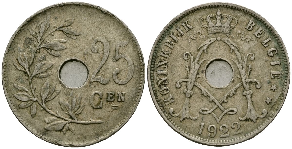 Бельгия 25 сантимов 1922 Belgie KM 69 медно-никель 4165-844