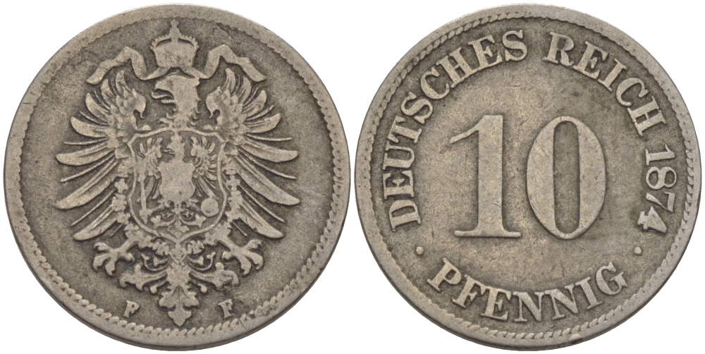 ГЕРМАНИЯ 10 ПФЕННИГОВ 1874 F, СТАРОГЕРБОВКА KM 4, J.4 медно-никель 28-433
