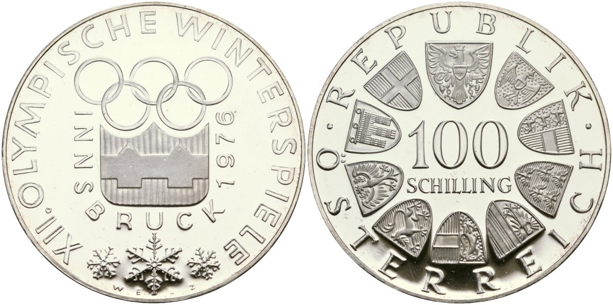 Австрия 100 шиллингов 1974 XII зимние Олимпийские игры в Инсбруке, эмблема KM 2926 серебро PROOF 02-118-11