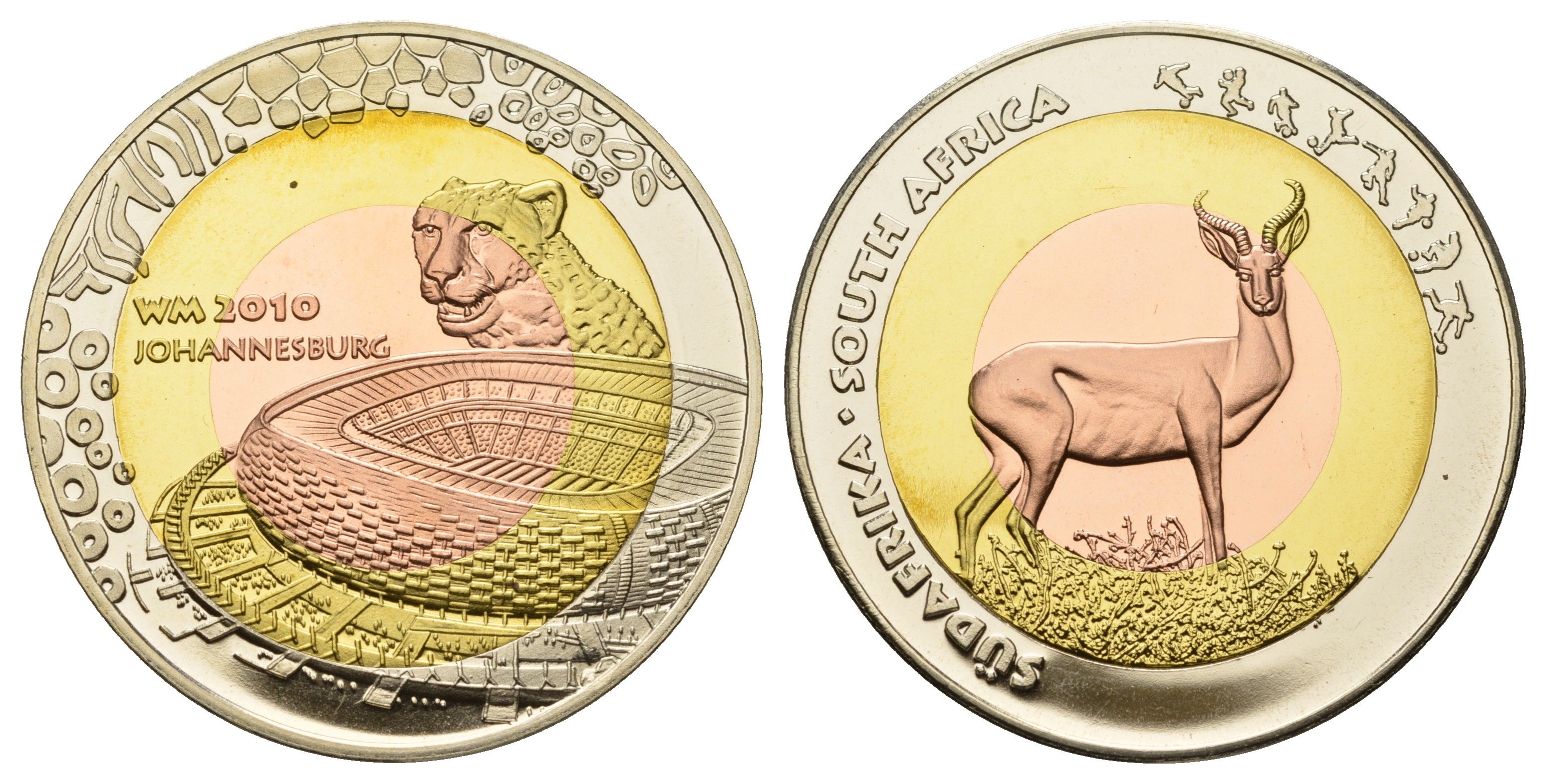 ЮАР медаль "Чемпионат Мира по футболу 2010 - Йоханнесбург, Леопард" 2010 медаль отчеканена в Ниуэ, реверс совпадает с KM 157, диаметр 40 мм, вес 21,4 гр триметалл PROOF 11-080-35