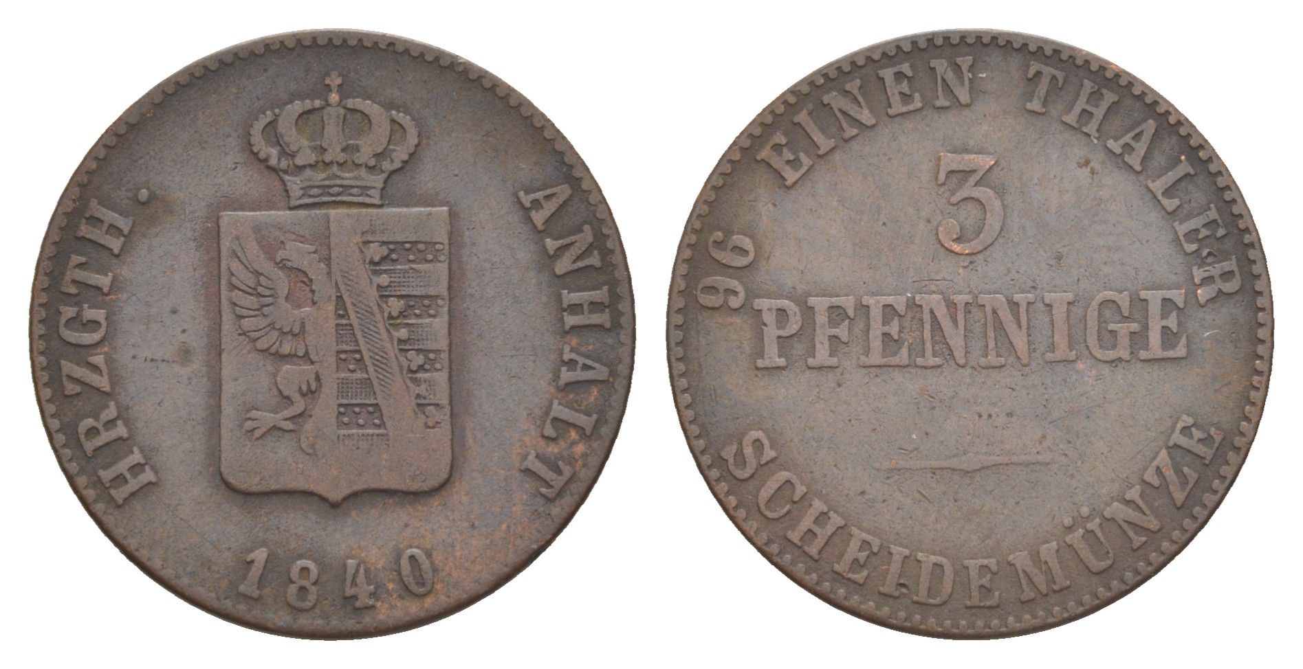 Ангальт-Бернбург 3 пфеннига 1840 Александр Карл (1834-1863) KM 92, AKS 25, J. 61 медь 4619-111