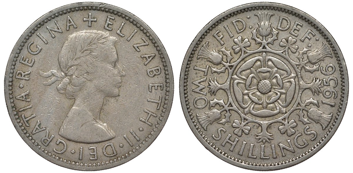 Великобритания 2 шиллинга (флорин) 1956 Елизавета II (1952-2022) KM 906, Spink 4146 медно-никель 4123-921