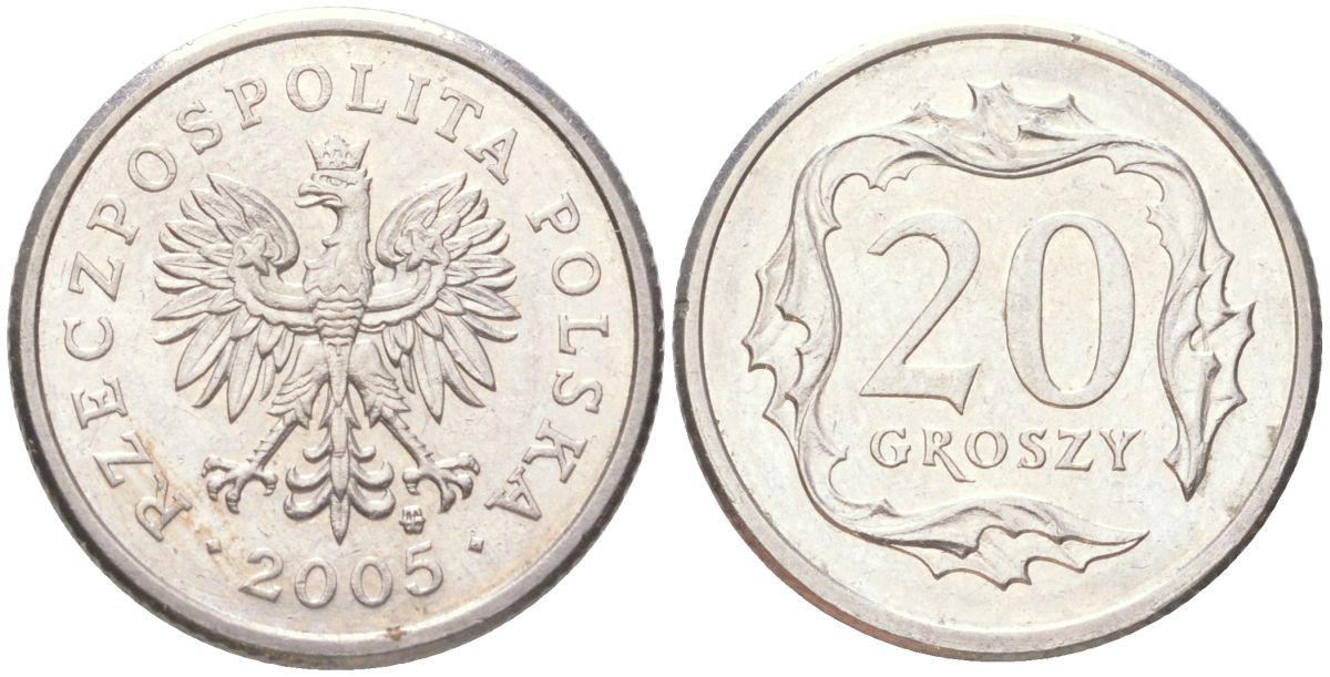 Польша 20 грошей 2005 Y 280 медно-никель UNC 4614-329