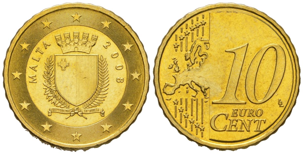 Мальта 10 евроцентов 2008 F KM 128 нордик UNC 4551-1115