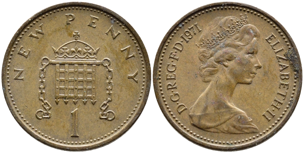 Великобритания 1 пенни 1971 Елизавета II (1952-2022) KM 915, Spink 4237 (B1) бронза 4393-251