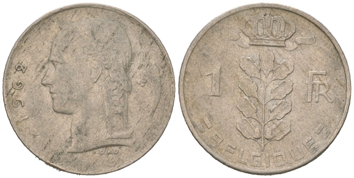 Бельгия 1 франк 1962 Belgique, Бодуэн I (1951-1993) KM 142 медно-никель 4618-225