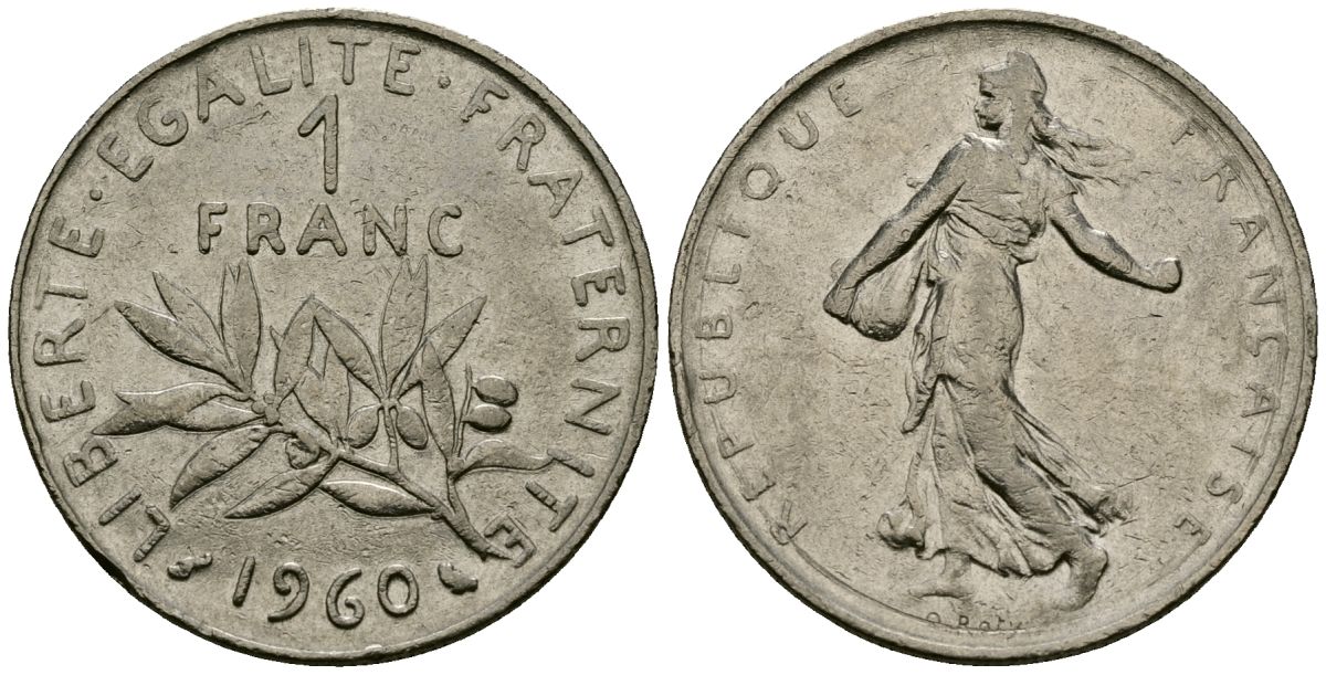Франция 1 франк 1960 сеятель KM 925.1, Le Franc 226.4 никель 4138-251