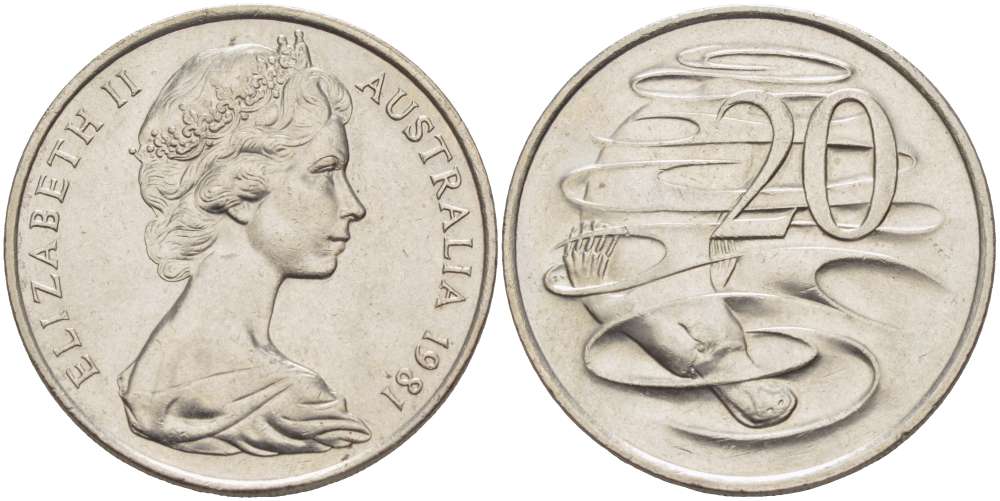 Австралия 20 центов 1981 Елизавета II (1952-2022), утконос KM 66 медно-никель 4521-136