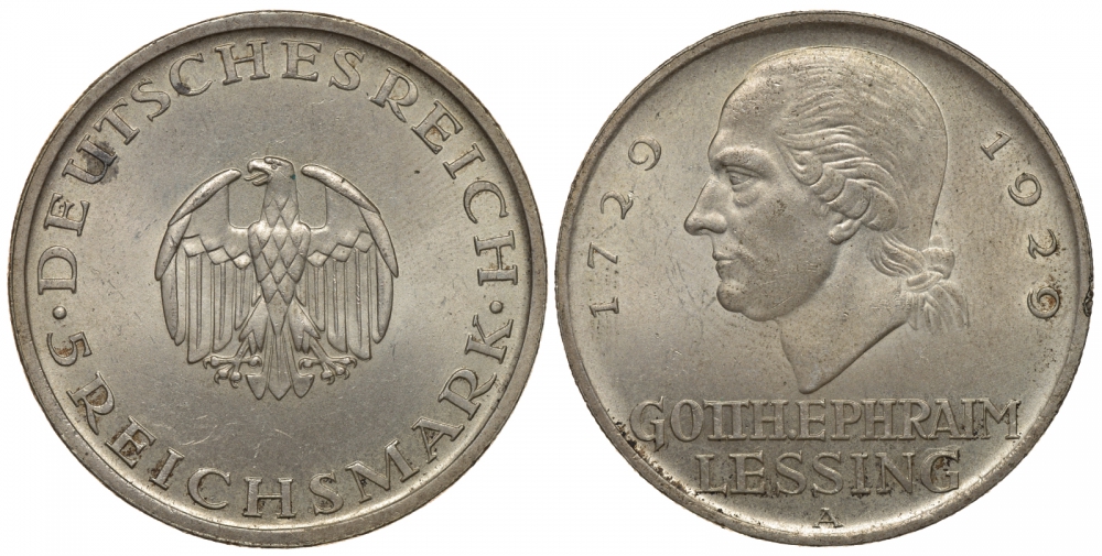 Германия 5 марок 1929 A, 200 лет со дня рождения Лессинга J. 336, КМ 61 серебро aUNC 00-804-01