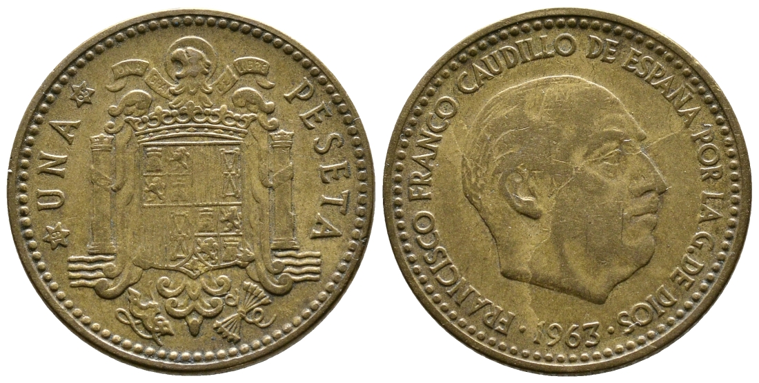 ИСПАНИЯ 1 ПЕСЕТА 1963 (65) ФРАНСИСКО ФРАНКО ДИКТАТОР ИСПАНИИ (1939-1975) KM 775 алюминиевая бронза 176-748