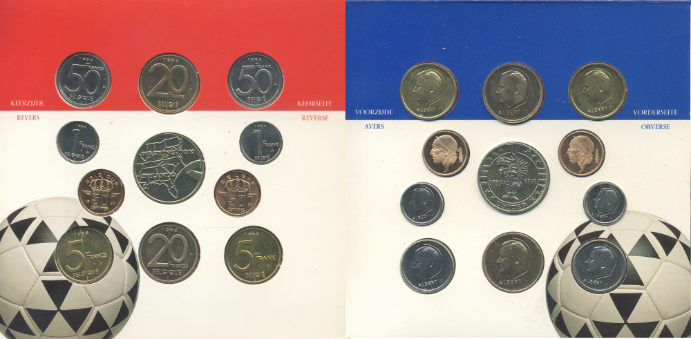 Бельгия набор из 10 монет + жетон 1994 Belgie-Belgique, чемпионат мира по футболу 1994 года В США, в оригинальном картонном буклете KM MS 7 UNC 6-6-2-19