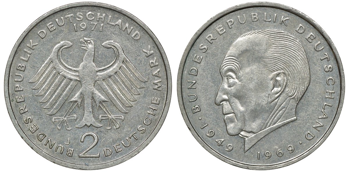ФРГ 2 МАРКИ 1971 J, КОНРАД АДЕНАУЭР KM 124, J. 406 медно-никель плакированный никелем плакированный никелем UNC 72-441