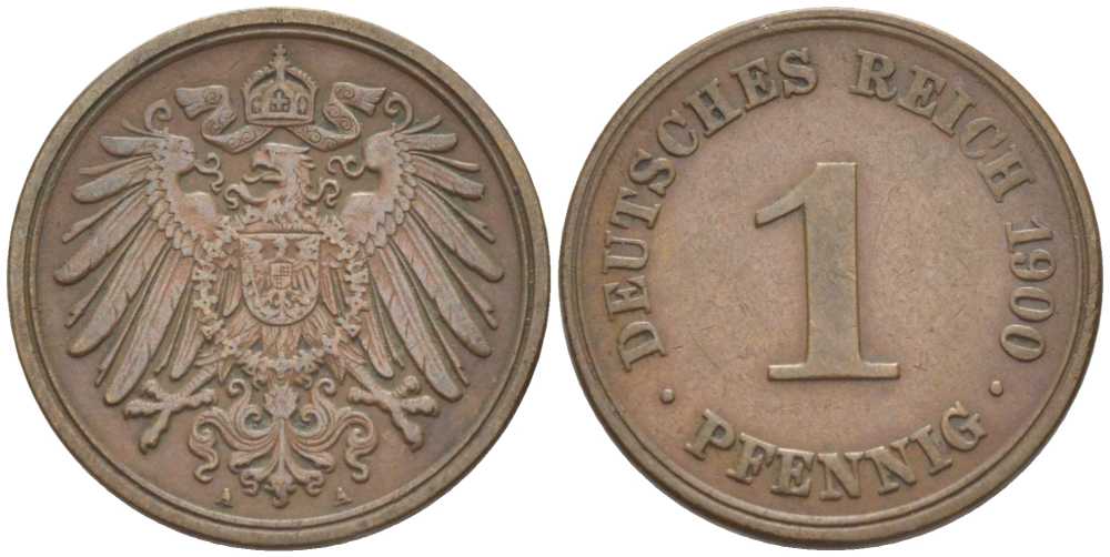 ГЕРМАНИЯ 1 ПФЕННИГ 1900 A KM 10, J. 10, Weege 2 медь 211-241
