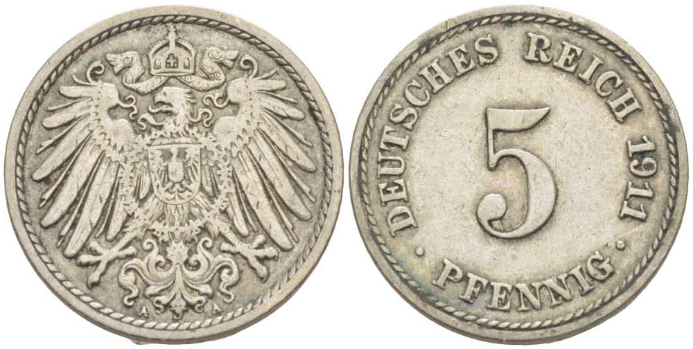 Германия 5 пфеннигов 1911 A KM 11, J. 12, Weege 6 медно-никель 105-149
