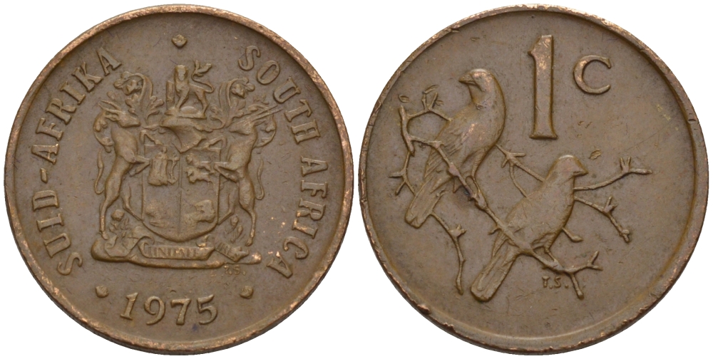 ЮАР 1 ЦЕНТ 1975 ГЕРБ, КАПСКИЕ ВОРОБЬИ KM 82 бронза 66-255