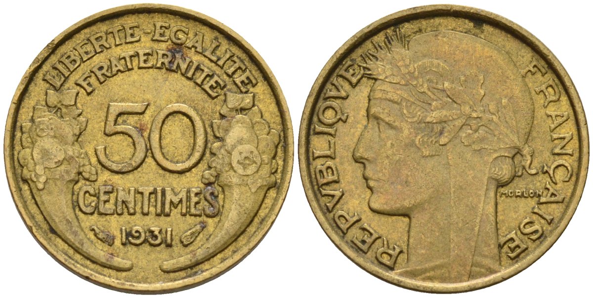 Франция 50 сантимов 1931 KM 894.1, Le Franc 192.15 алюминиевая бронза 4596-738