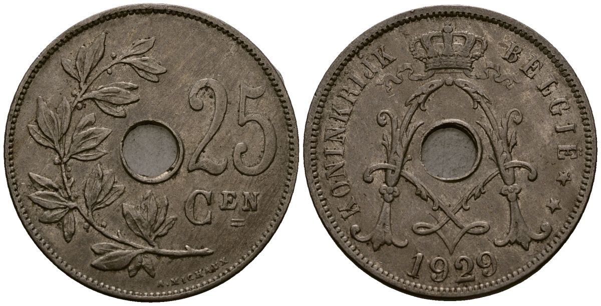 Бельгия 25 сантимов 1929 Belgie KM 69 медно-никель 4403-436