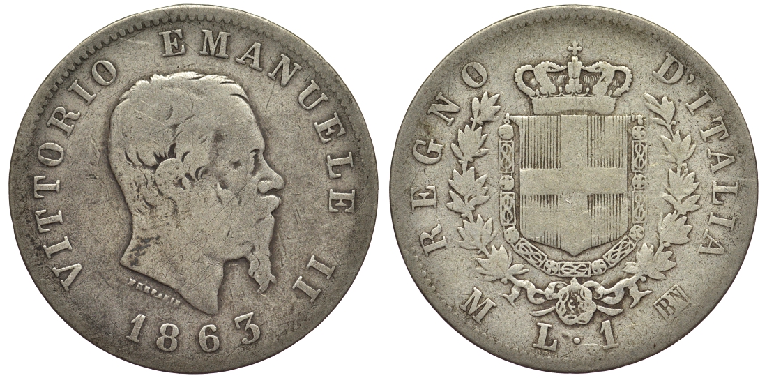 Италия 1 лира 1863 M-BN, Виктор Эммануил II KM 5a.1 серебро 27-1256