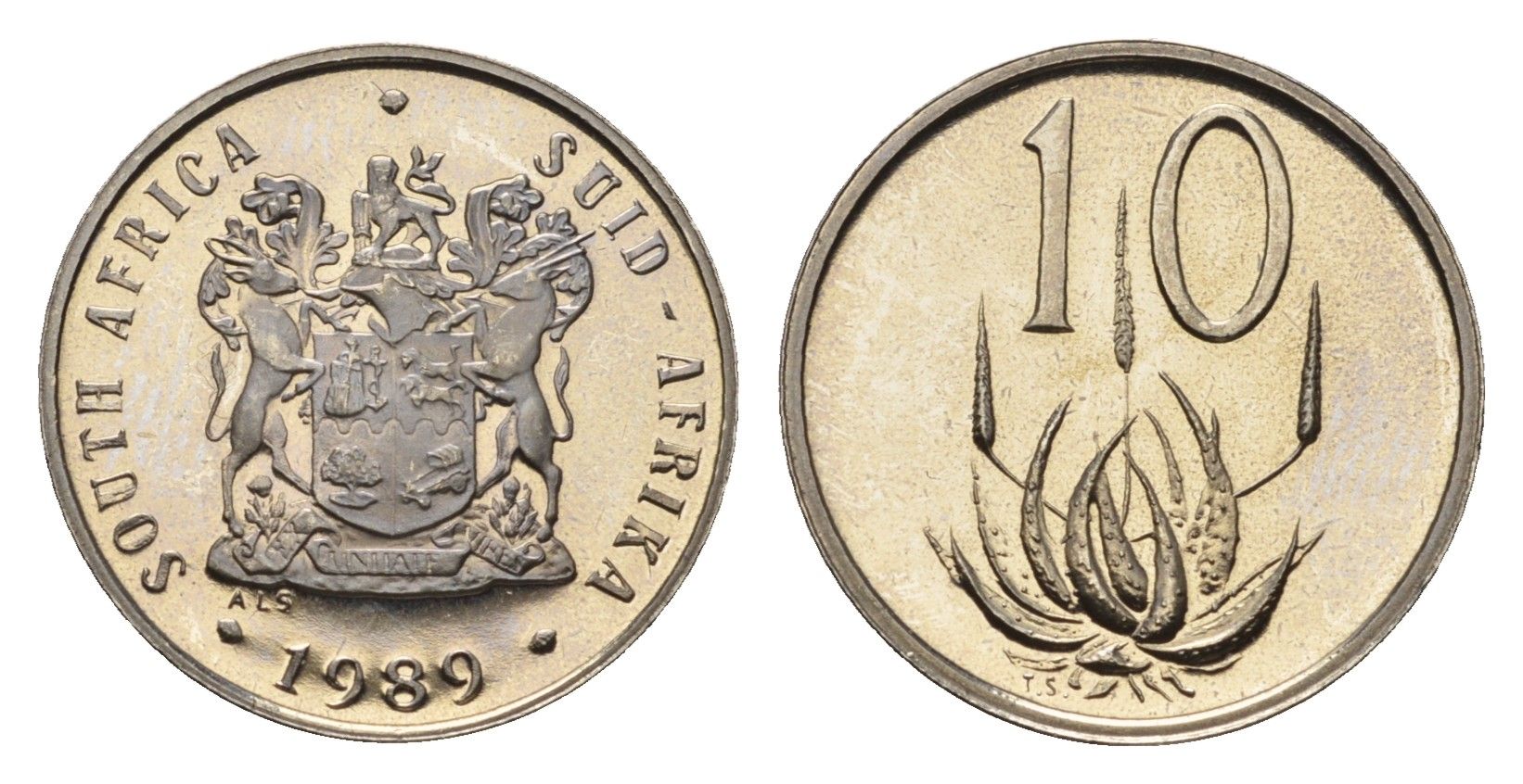 ЮАР 10 центов 1989 герб, цветок алоэ KM 85 никель PROOF 4690-966