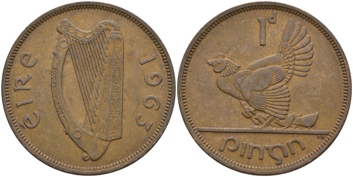 Ирландия 1 пенни 1963 курица с цыплятами KM 11 бронза 4144-1121