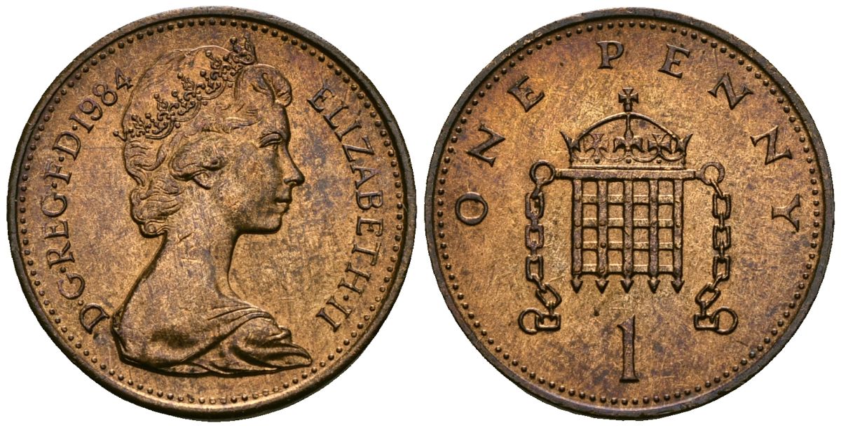 Великобритания 1 пенни 1984 Елизавета II (1952-2022) KM 927, Spink 4238 (B2) бронза 4589-936
