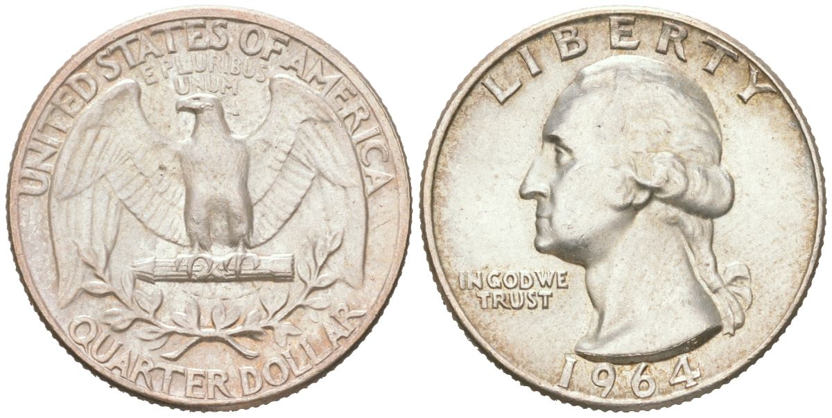 США 25 центов = квотер = 1/4 доллара 1964 Джордж Вашингтон KM 164 серебро 190-1246