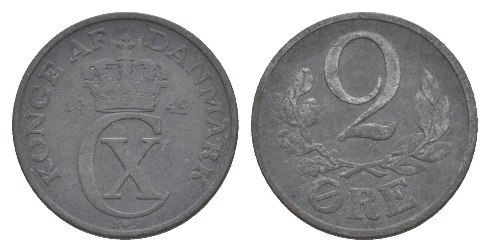 Дания 2 эре 1942 N, Кристиан X (1912-1947) KM 833a цинк 4639-811