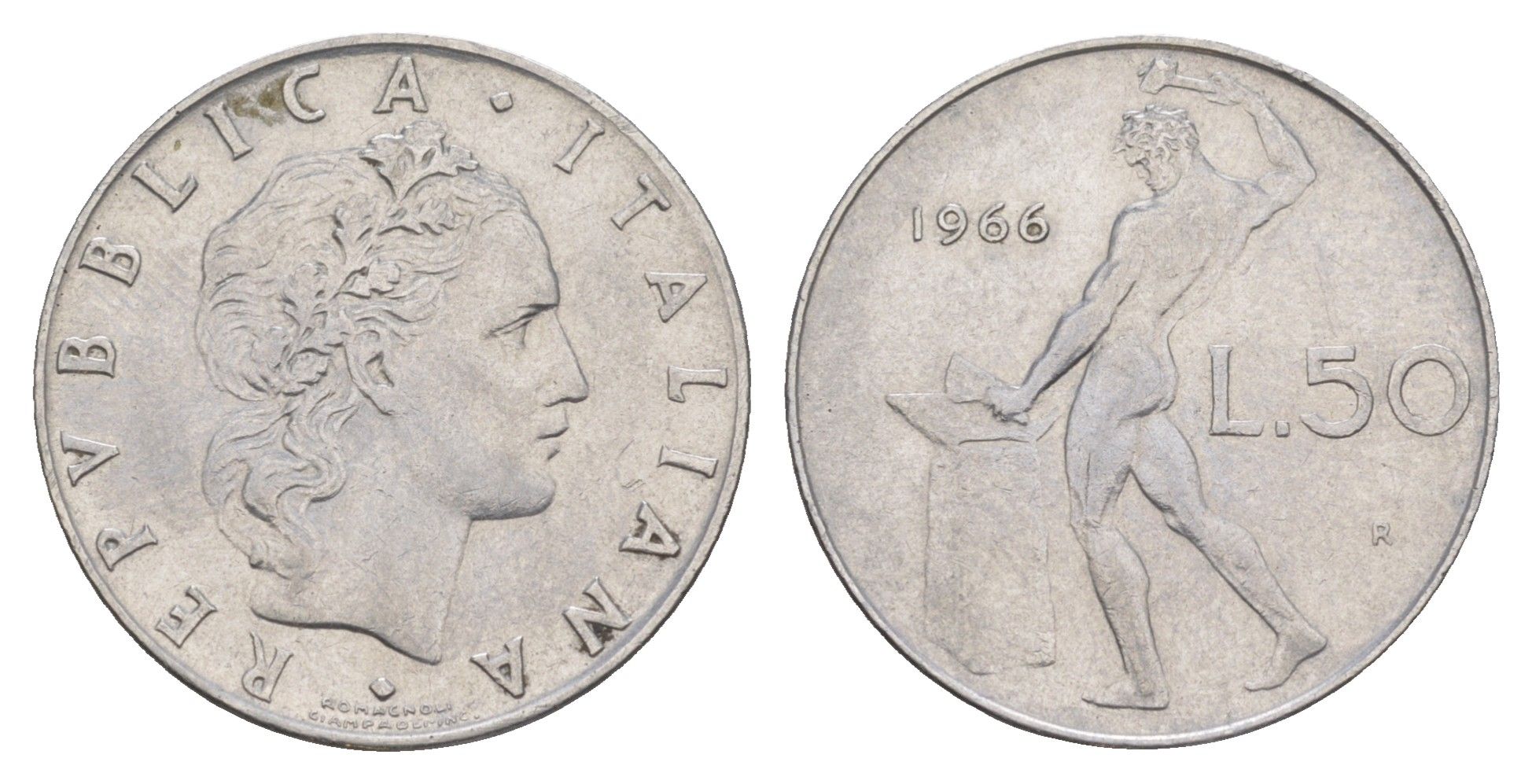Италия 50 лир 1966 R, бог огня Вулкан у наковальни KM 95.1 нержавеющая сталь 4551-1016