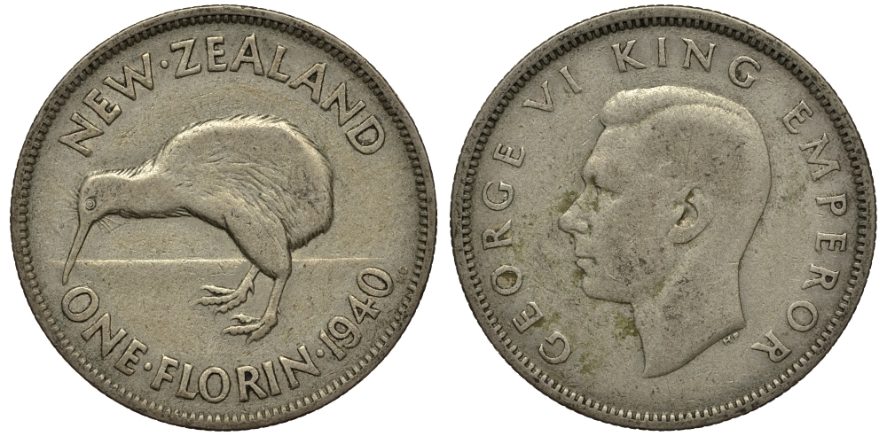 Новая Зеландия 1 флорин 1940 Георг VI (1936-1952), птичка киви KM 10.1 серебро 272-1514