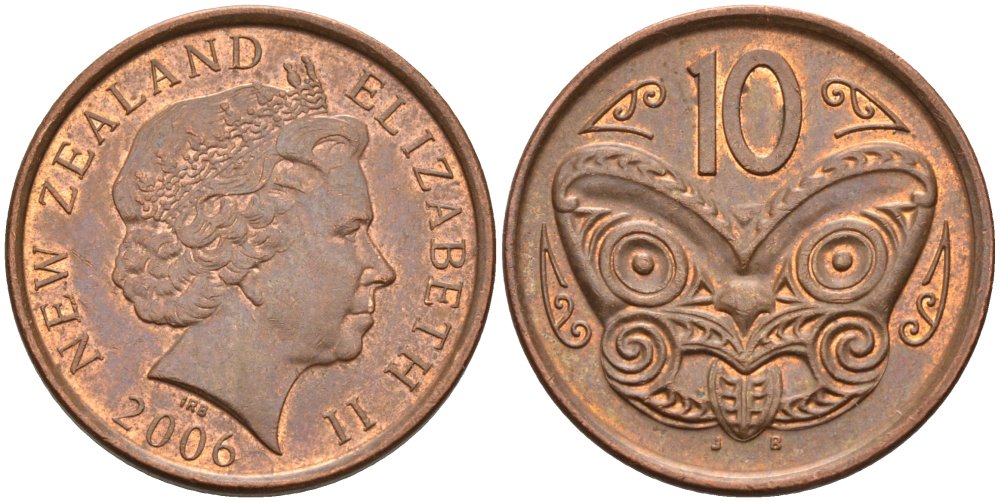Новая Зеландия 10 центов 2006 Елизавета II (1952-2022), маска маори KM 117а сталь плакированная медью 106-942
