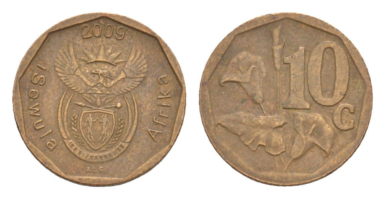 ЮАР 10 центов 2009 герб, цветок алоэ KM 465 сталь плакированная бронзой 4621-1252