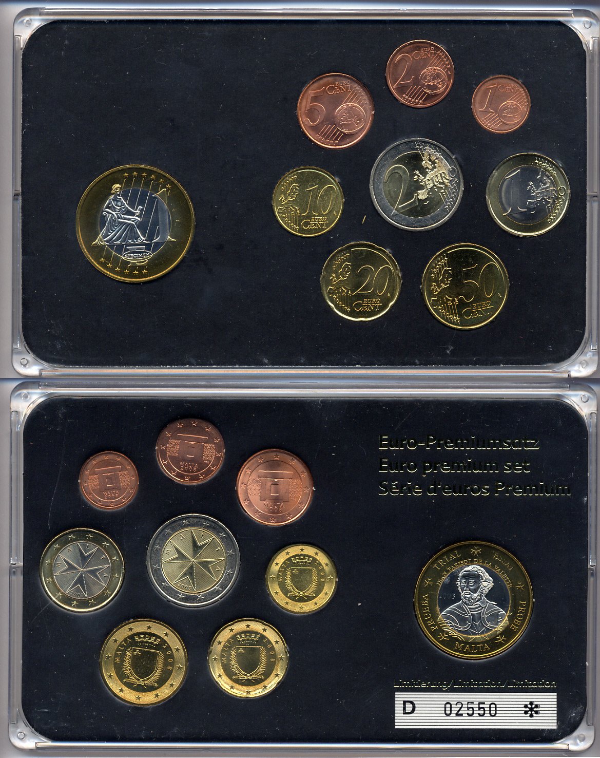 Мальта евронабор от 1 евроцента до 2 евро включает 1 евро 2003 проба Ибан Парисот Валетский, планшет биметалл, медно-никель UNC 3-4-9-28