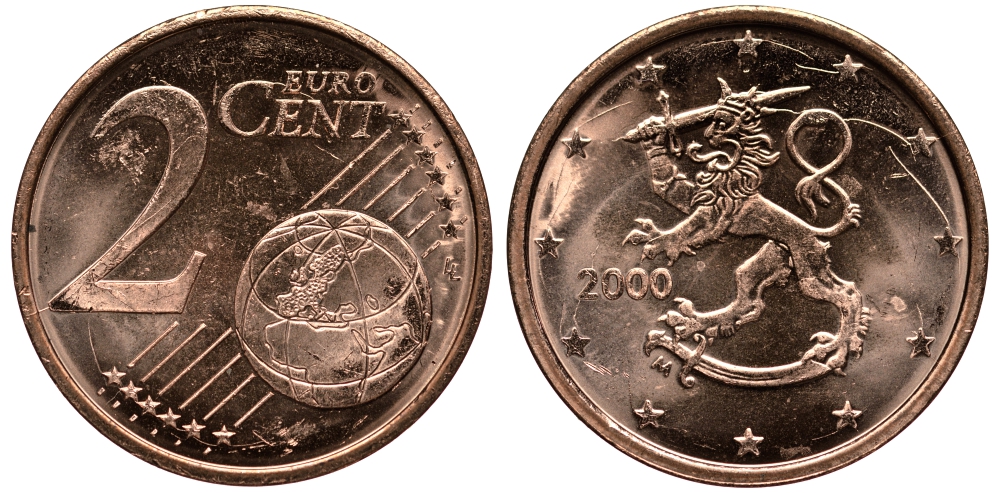 ФИНЛЯНДИЯ 2 ЕВРОЦЕНТА 2000 KM 99 сталь плакированная медью UNC 4181-464
