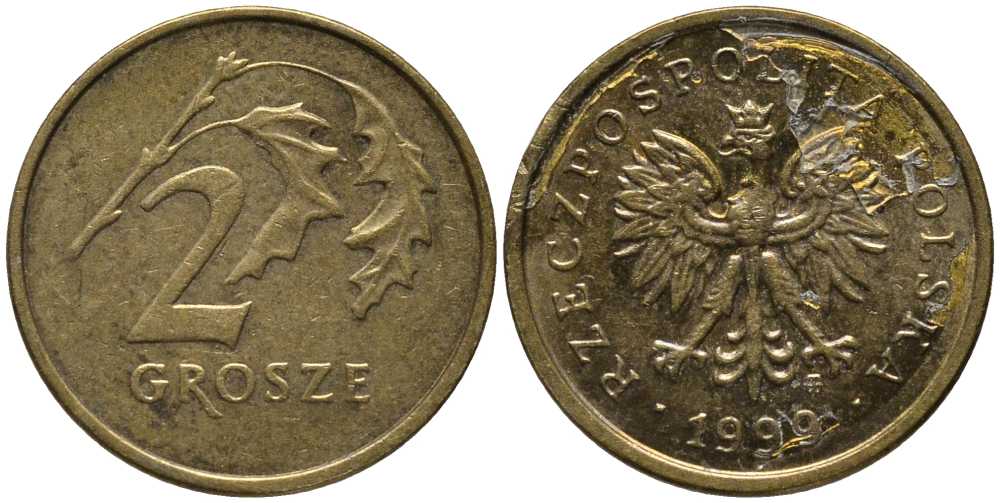 Польша 2 гроша 1999 MW KM 277, Parchimowicz 702f латунь 201-369