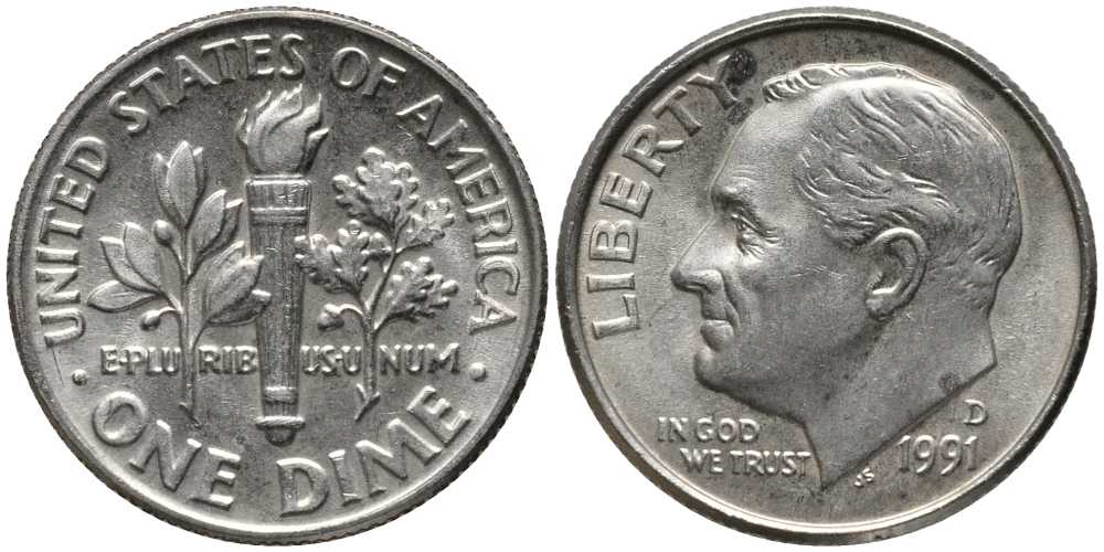 США 10 ЦЕНТОВ = 1 ДАЙМ 1991 D, РУЗВЕЛЬТ KM 195а медь плакированная медно-никелем 112-648