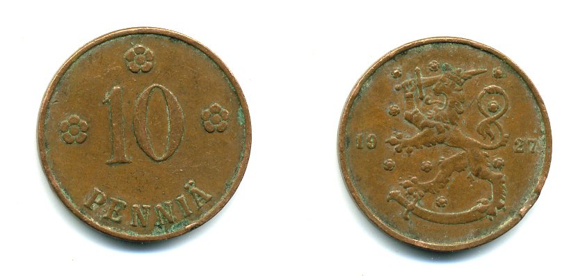 Финляндия 10 пенни 1927 республика (1918-1962) KM 24 медь 46-1552