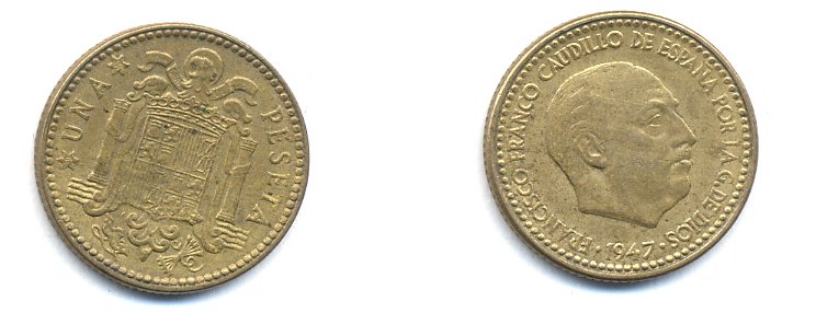 Испания 1 песета 1947 (53) Франсиско Франко (1939-1975) KM 775 алюминиевая бронза 54-225